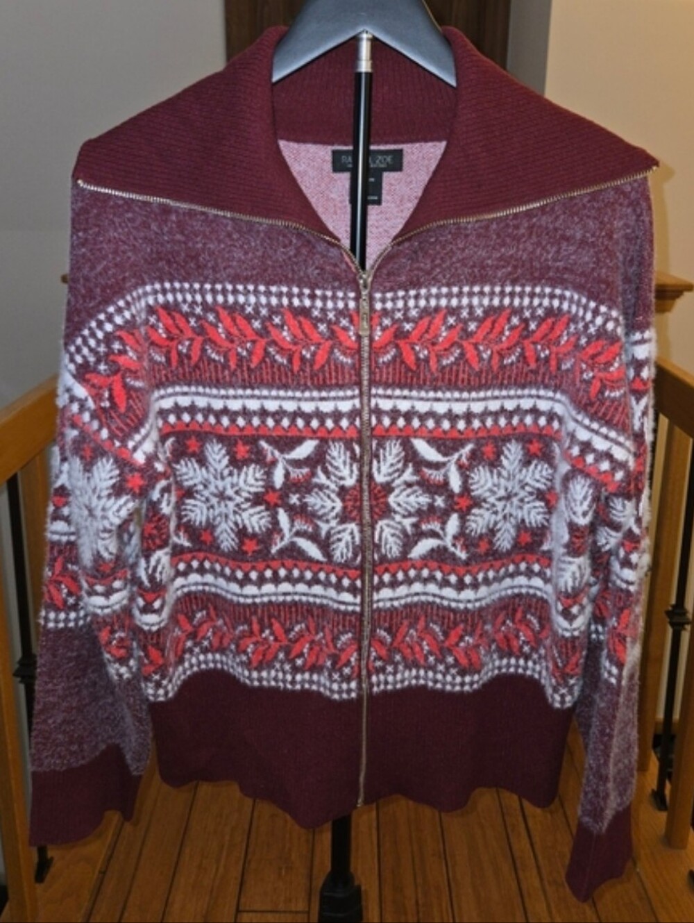 Rachel Zoe Maroon Zip-Front Fair Isle Winter Sweater Size XL New Without Tags